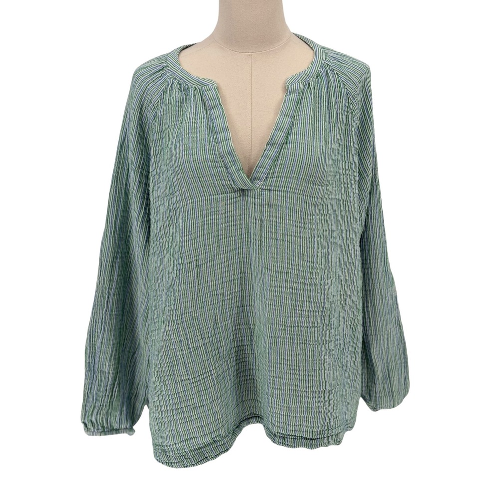 Old Navy Blouse Green Blue Striped Gauze Split Neck 100% Cotton XL